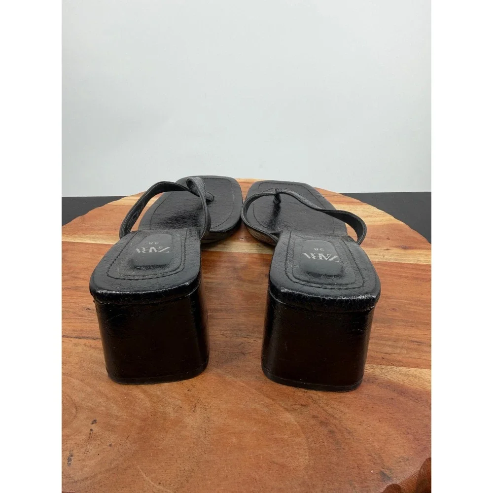 Zara Block Heel Thong Sandals Women 38 7 Black Square Toe Mules 3351/310/800